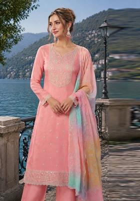 Peach Embroidered Silk Blend Kurta Set