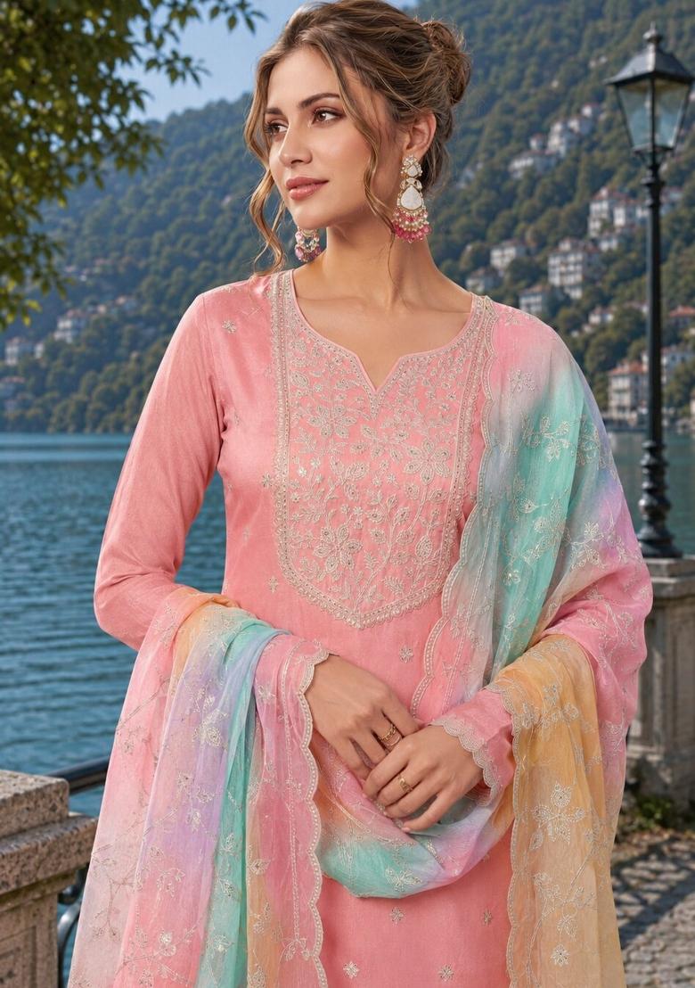 Peach Embroidered Silk Blend Kurta Set - Indya