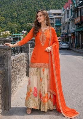Orange Sequin Work Silk Blend Kurta Set