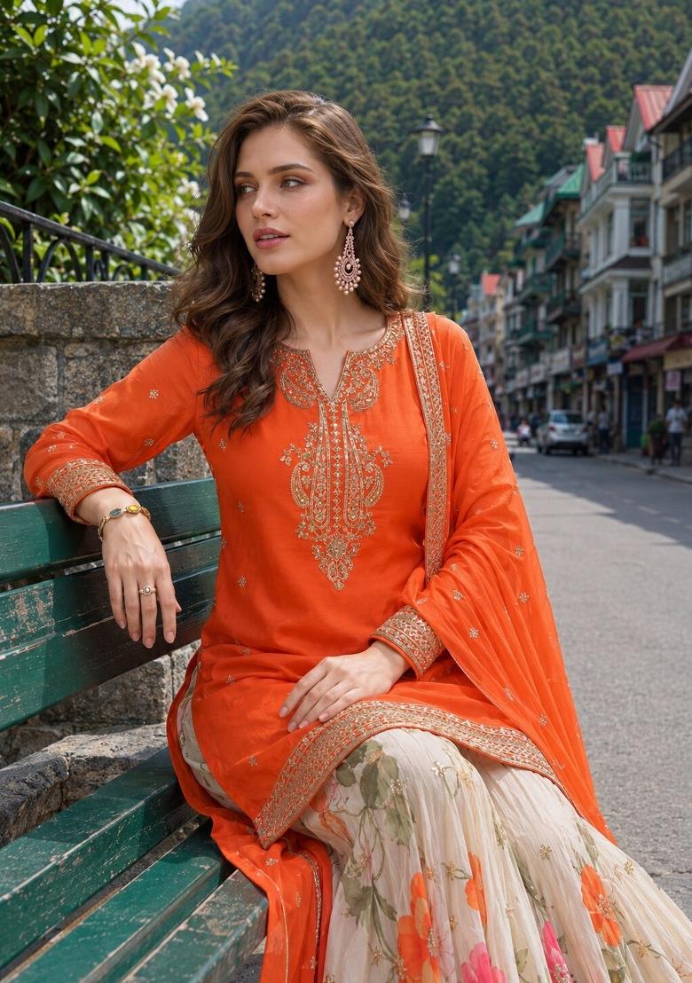 Orange Sequin Work Silk Blend Kurta Set - Indya