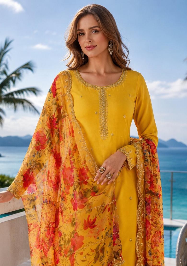 Yellow Printed Chiffon Kurta Set - Indya
