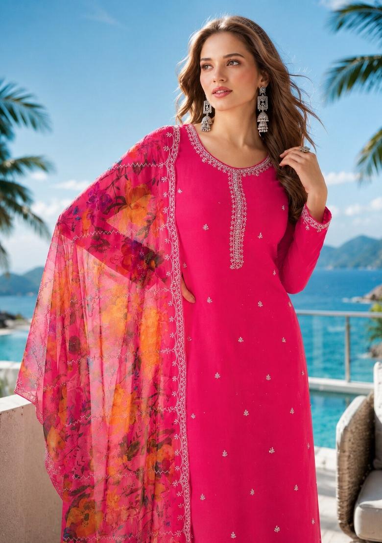 Magenta Printed Chiffon Kurta Set - Indya