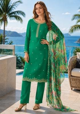 Dark Green Printed Chiffon Kurta Set