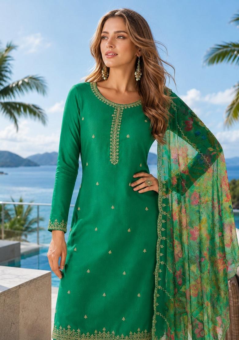 Dark Green Printed Chiffon Kurta Set - Indya