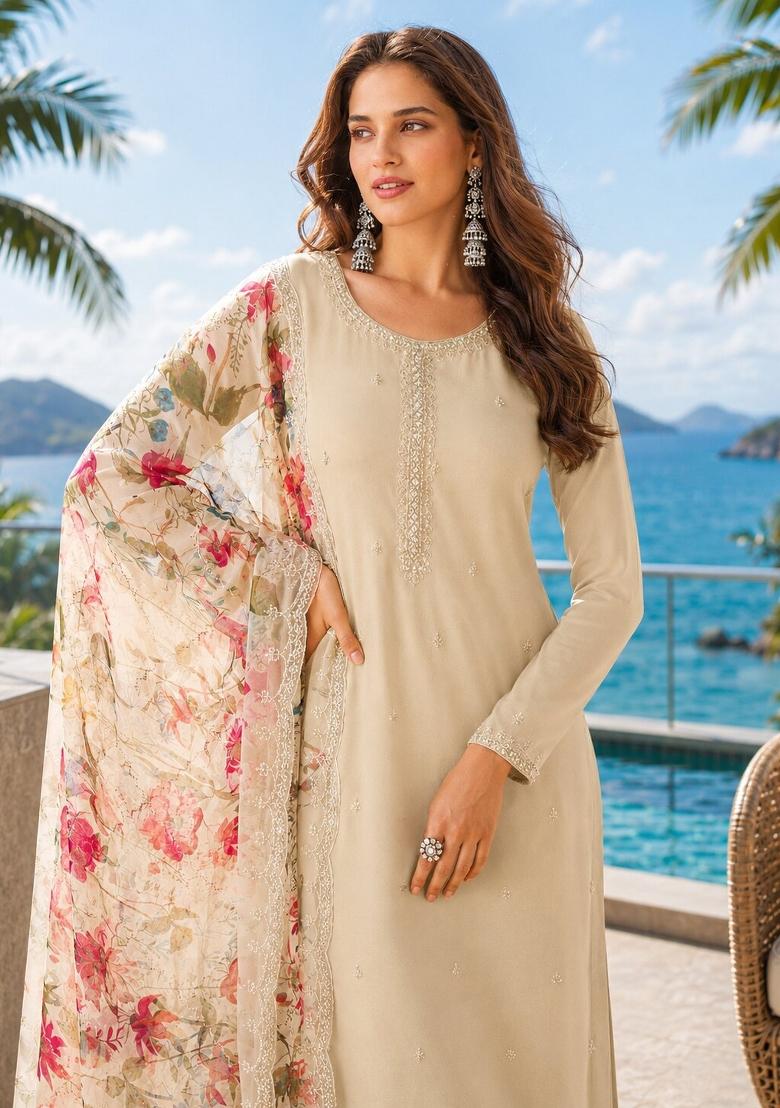 Beige Printed Chiffon Kurta Set - Indya