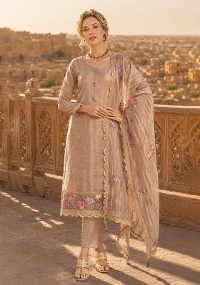 Peach Embroidered Silk Blend Kurta Set