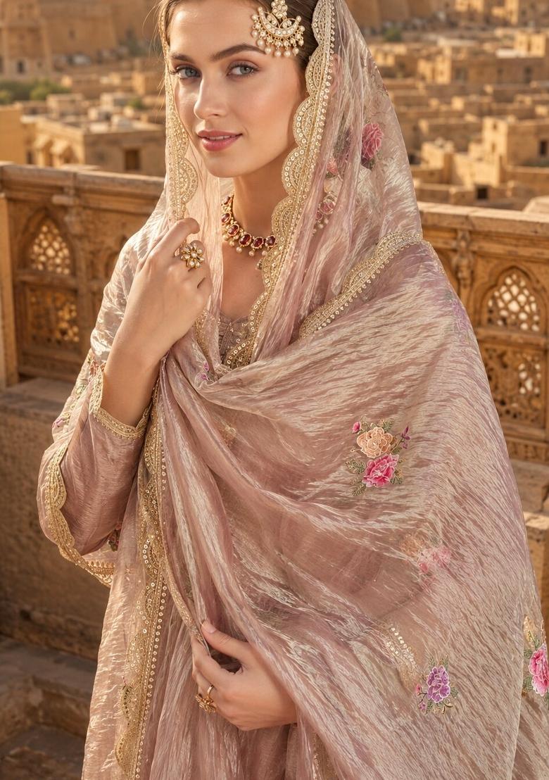 Peach Embroidered Silk Blend Kurta Set - Indya
