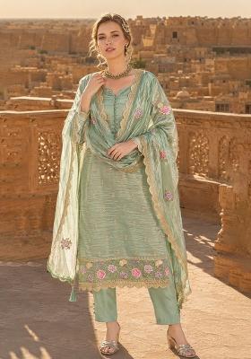 Sea Green Embroidered Silk Blend Kurta Set