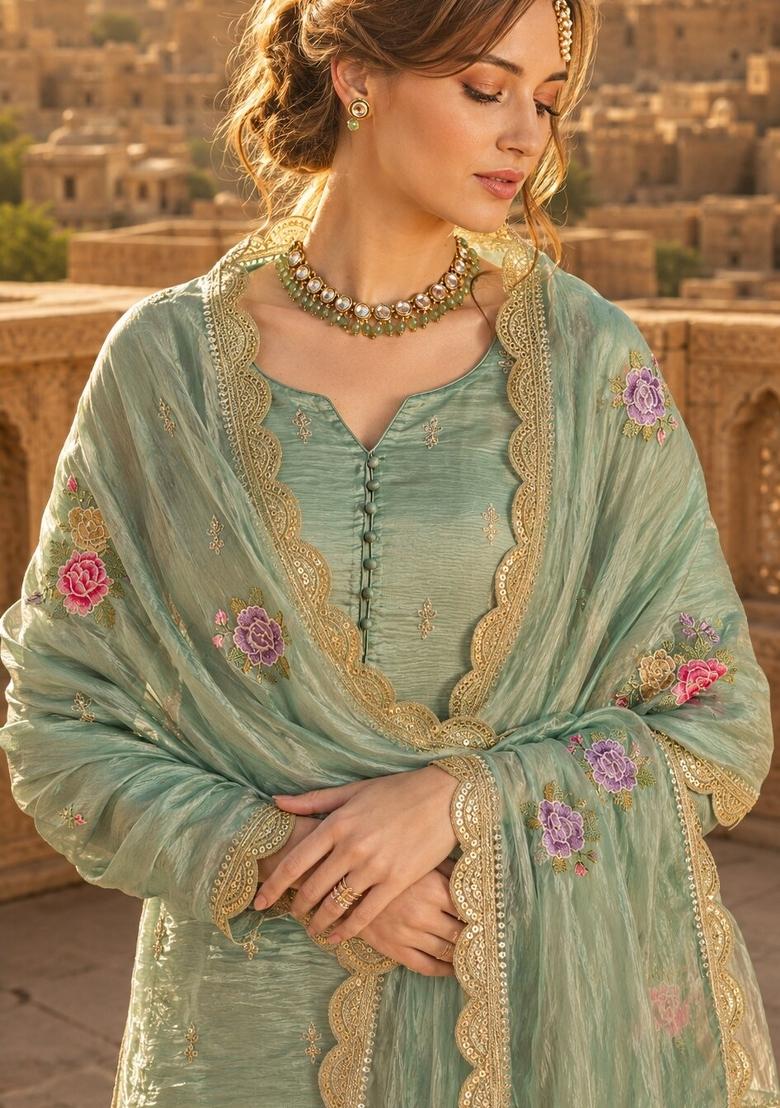 Sea Green Embroidered Silk Blend Kurta Set - Indya