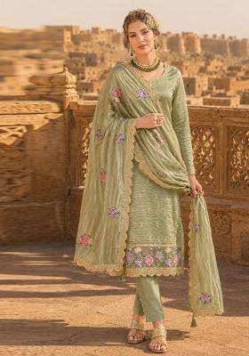 Olive Embroidered Silk Blend Kurta Set