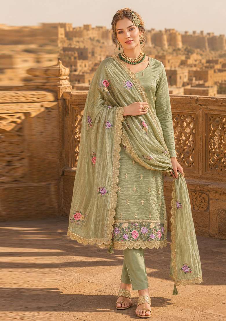 Olive Embroidered Silk Blend Kurta Set - Indya