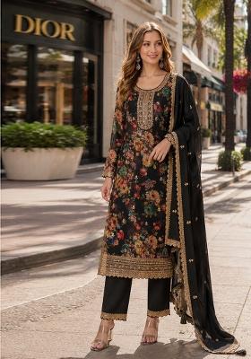 Black Embroidered Silk Blend Kurta Set