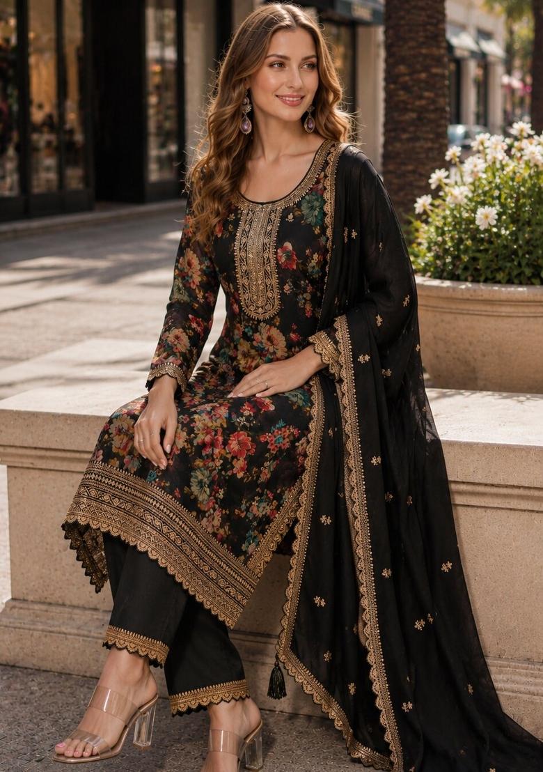Black Embroidered Silk Blend Kurta Set - Indya