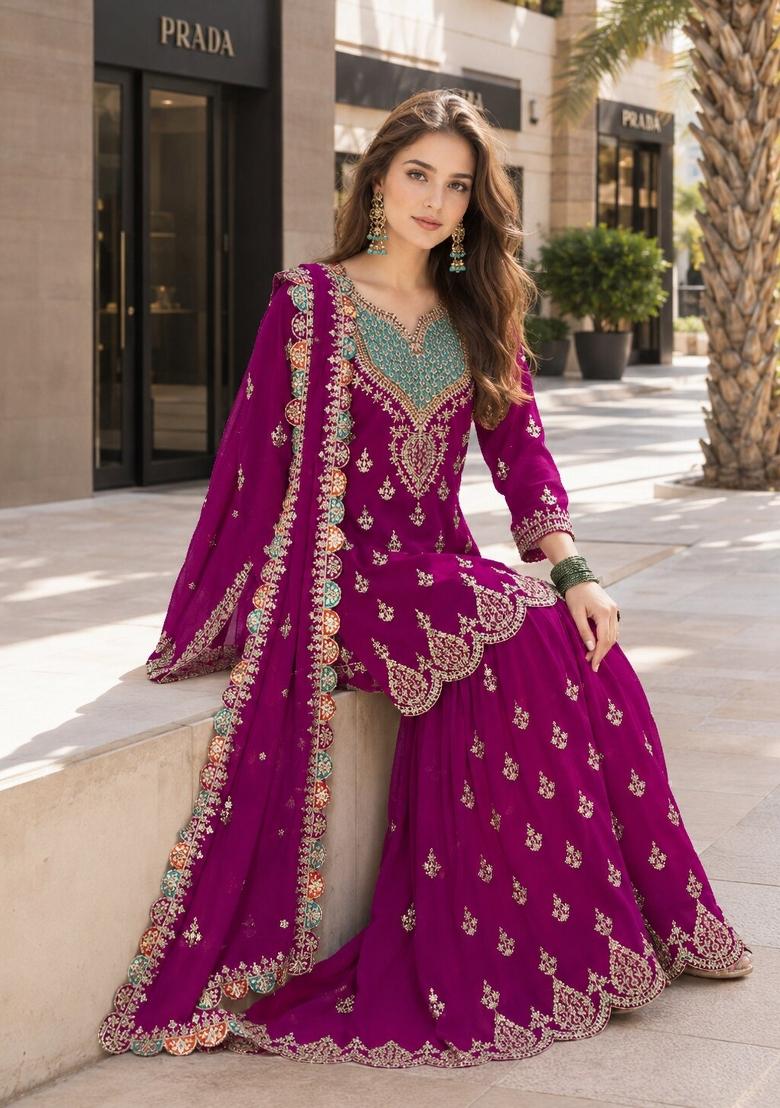 Purple Embroidered Silk Blend Kurta Set - Indya
