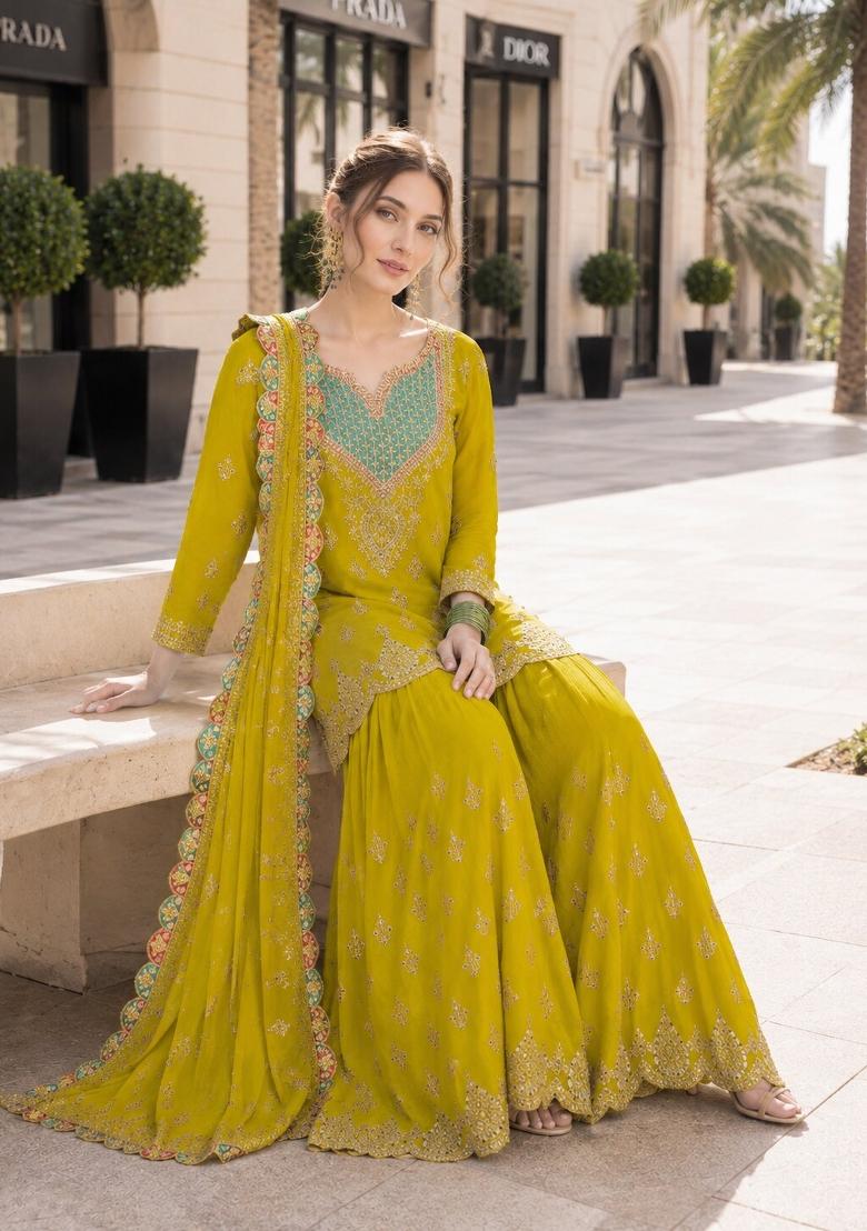 Yellow Embroidered Silk Blend Kurta Set - Indya