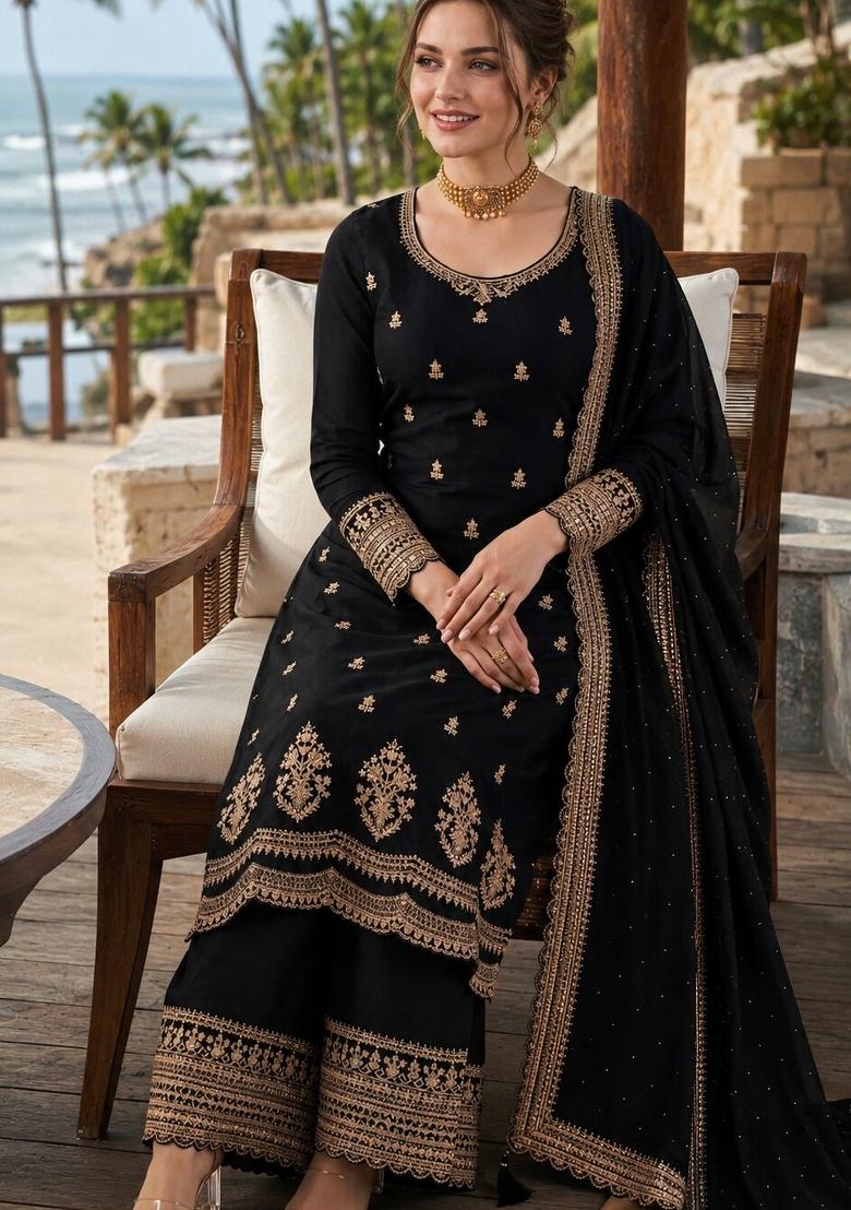Black Embroidered Georgette Kurta Set - Indya