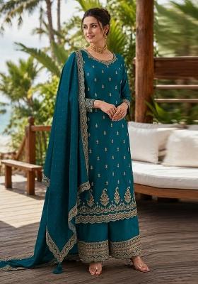 Teal Blue Embroidered Georgette Kurta Set