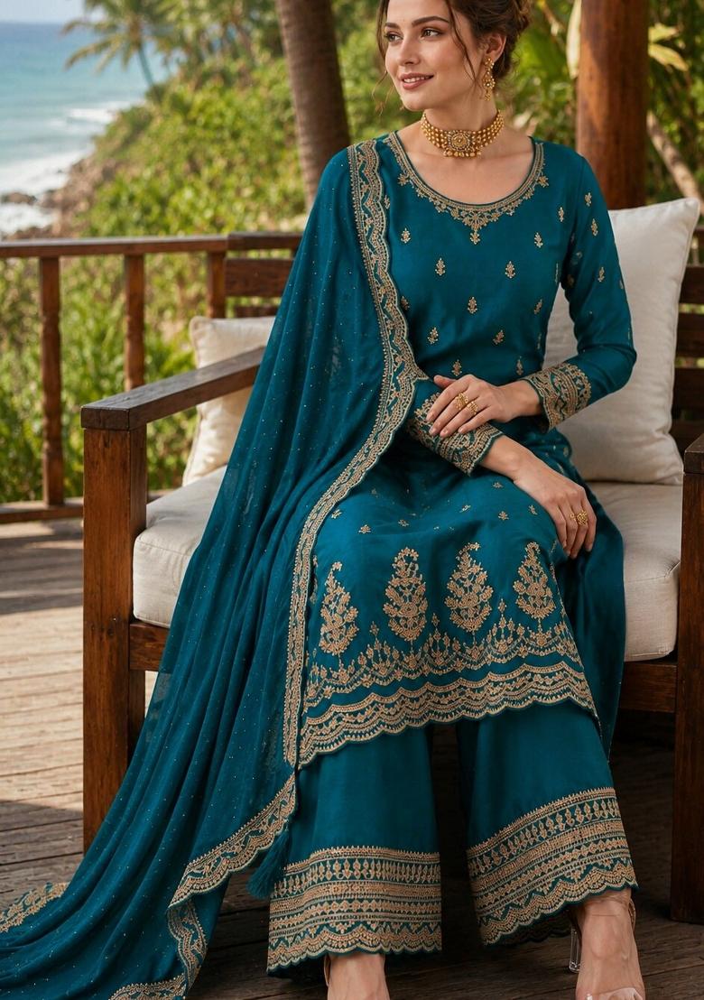 Teal Blue Embroidered Georgette Kurta Set - Indya
