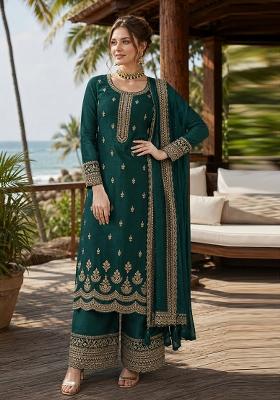 Teal Green Embroidered Georgette Kurta Set
