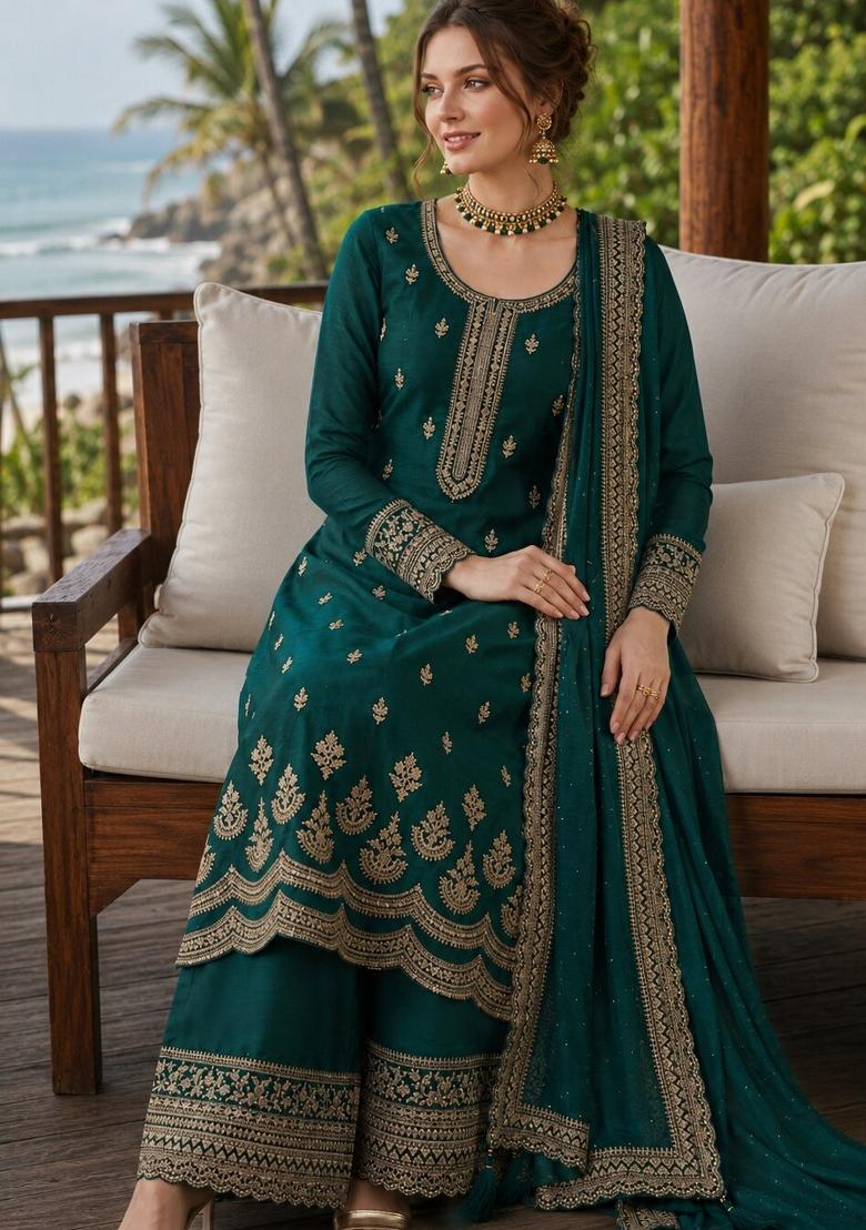 Teal Green Embroidered Georgette Kurta Set - Indya