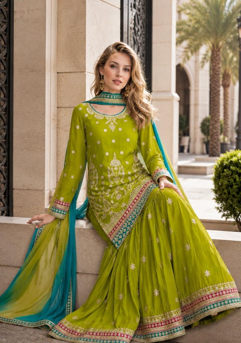 Green Embroidered Silk Blend Kurta Set - Indya