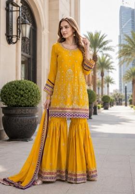 Yellow Embroidered Silk Blend Kurta Set