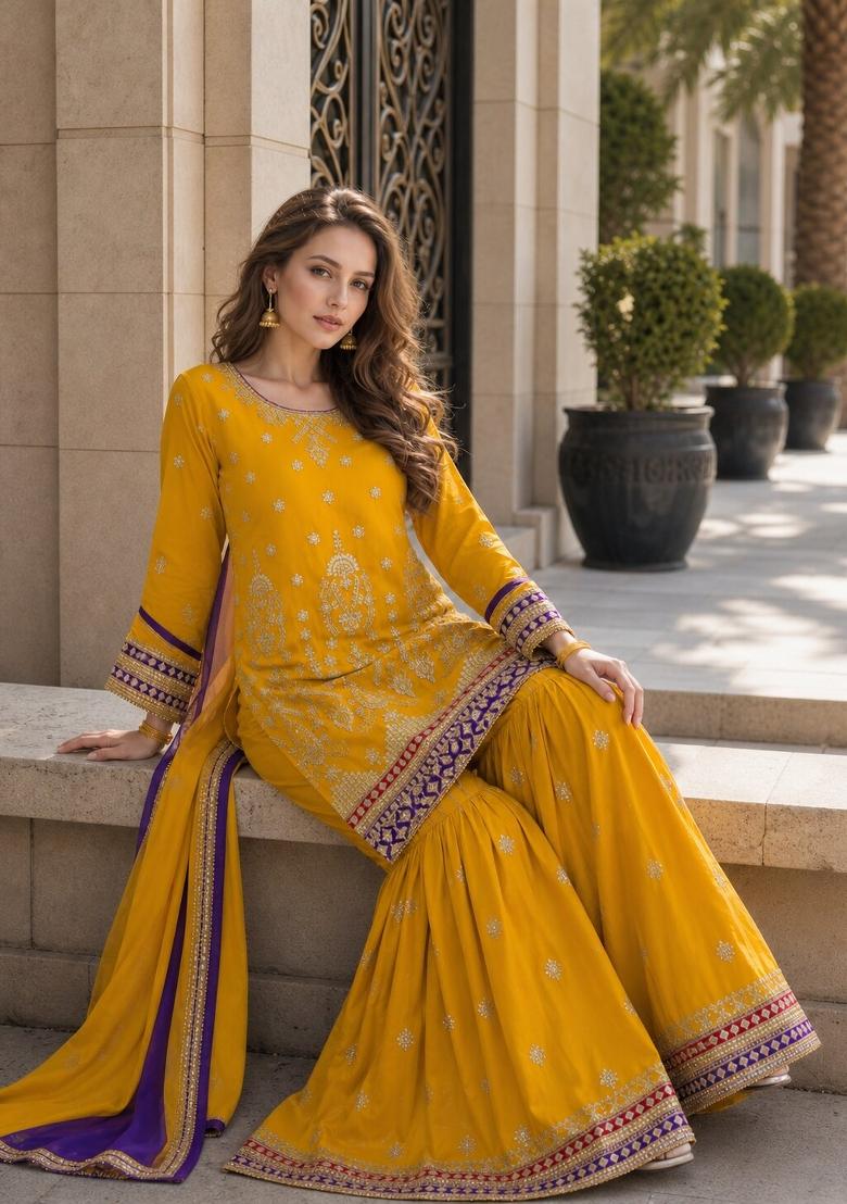 Yellow Embroidered Silk Blend Kurta Set - Indya