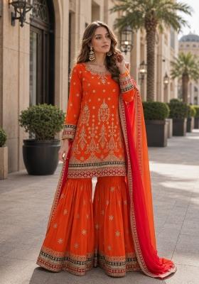 Orange Embroidered Silk Blend Kurta Set