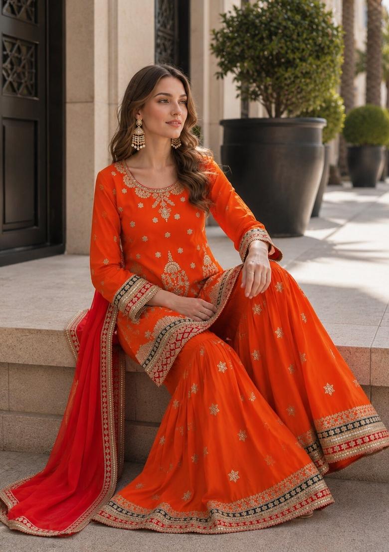 Orange Embroidered Silk Blend Kurta Set - Indya