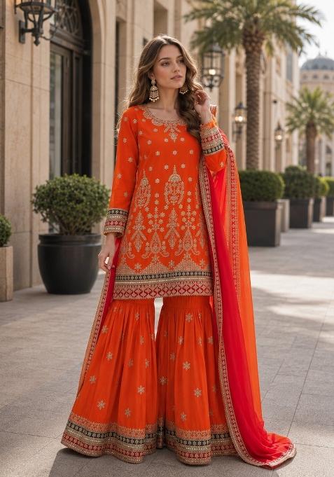 Orange Embroidered Silk Blend Kurta Set