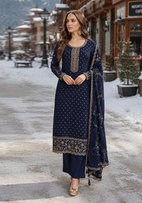 Navy Blue Embroidered Silk Blend Kurta Set