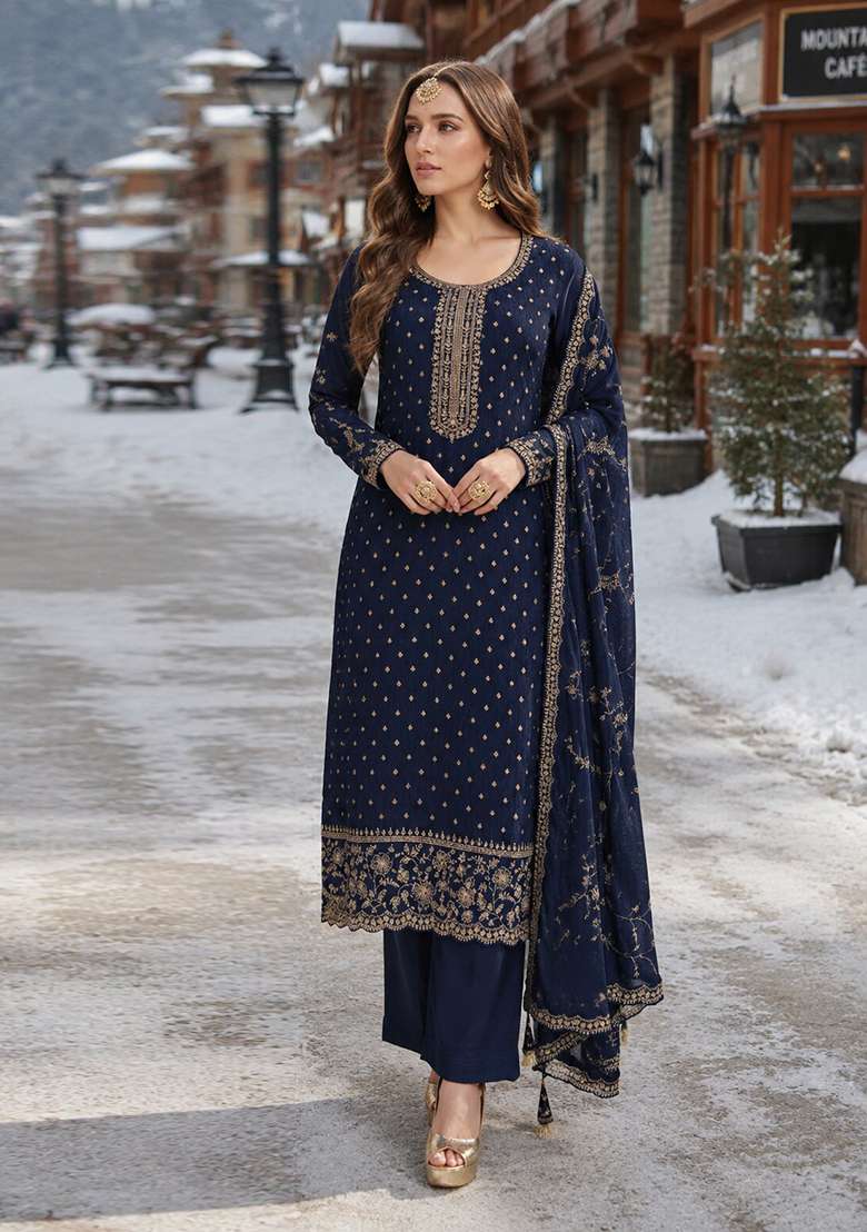 Navy Blue Embroidered Silk Blend Kurta Set - Indya