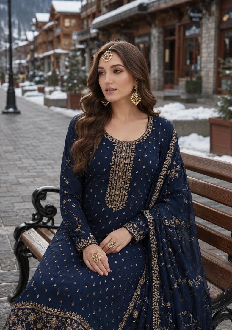 Navy Blue Embroidered Silk Blend Kurta Set - Indya