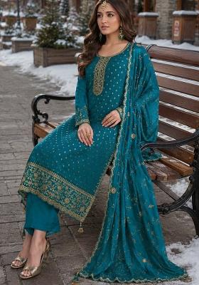 Turquoise Embroidered Silk Blend Kurta Set