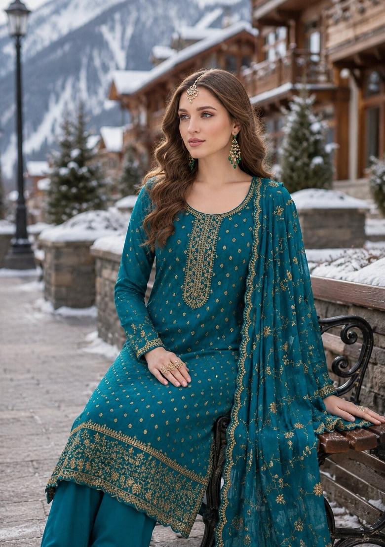 Turquoise Embroidered Silk Blend Kurta Set - Indya