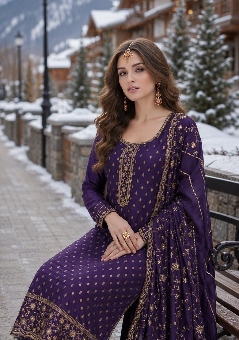 Royal Blue Embroidered Silk Blend Kurta Set - Indya