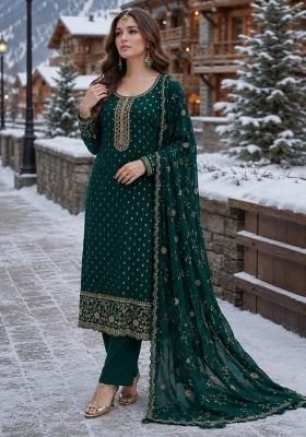 Dark Green Embroidered Silk Blend Kurta Set