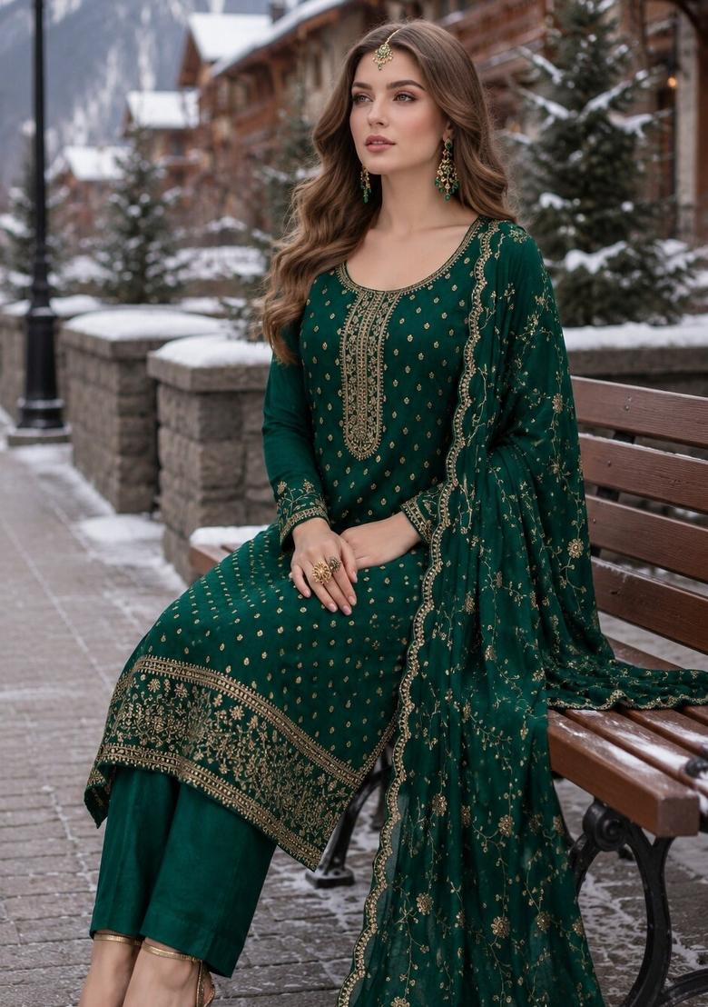 Dark Green Embroidered Silk Blend Kurta Set - Indya