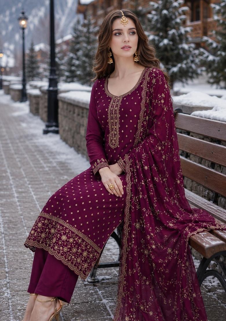 Purple Embroidered Silk Blend Kurta Set - Indya
