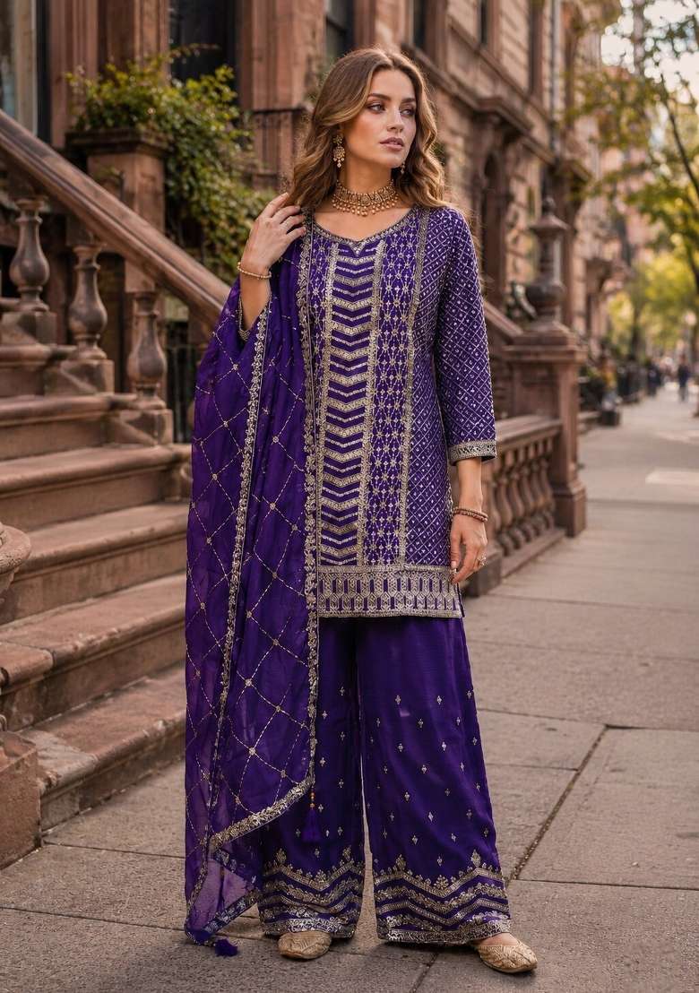 Purple Embroidered Silk Kurta Set - Indya