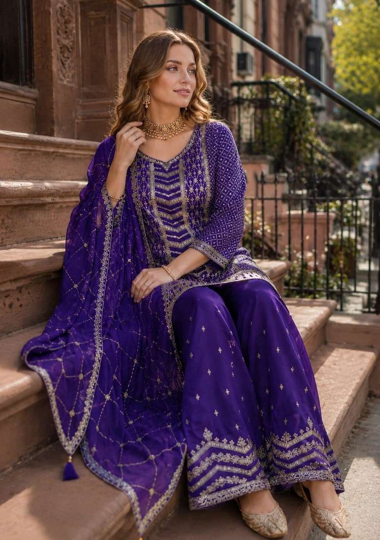 Purple Embroidered Silk Kurta Set - Indya