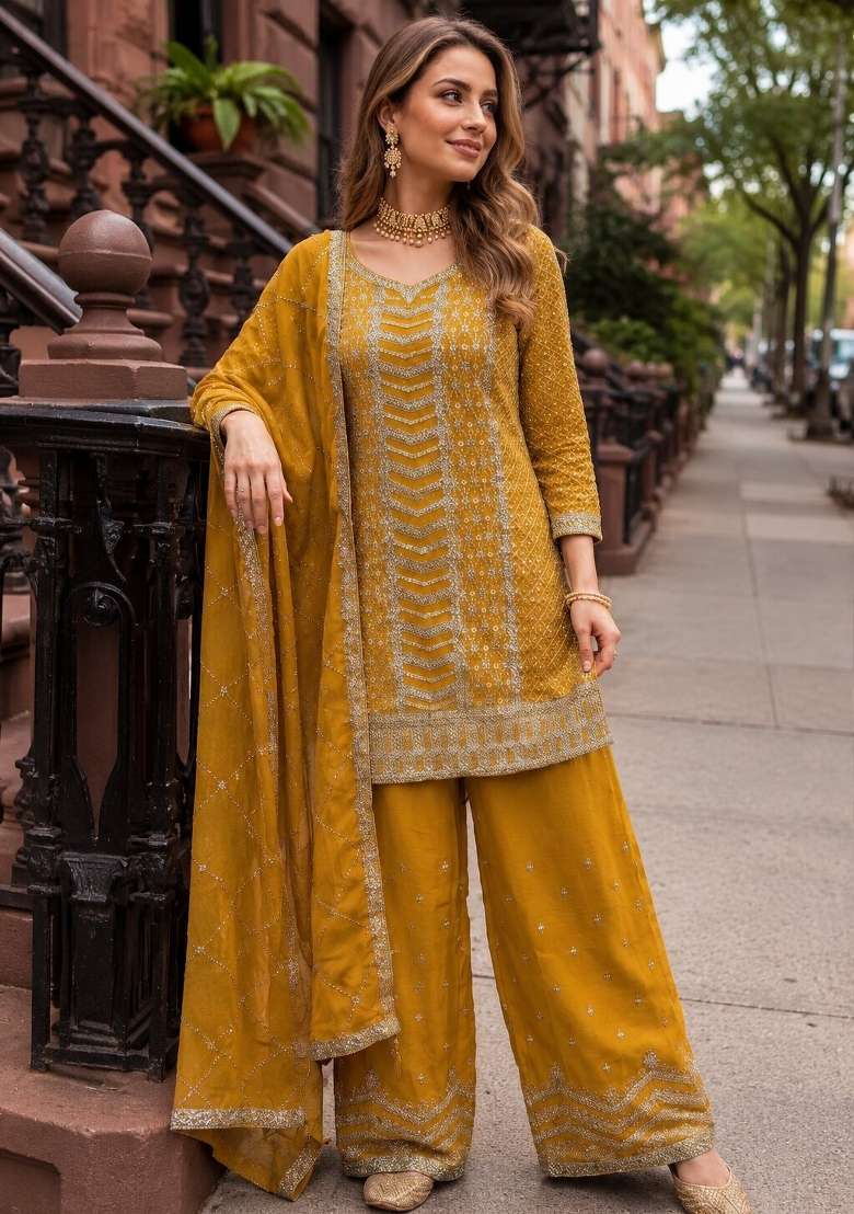 Yellow Embroidered Silk Blend Kurta Set - Indya