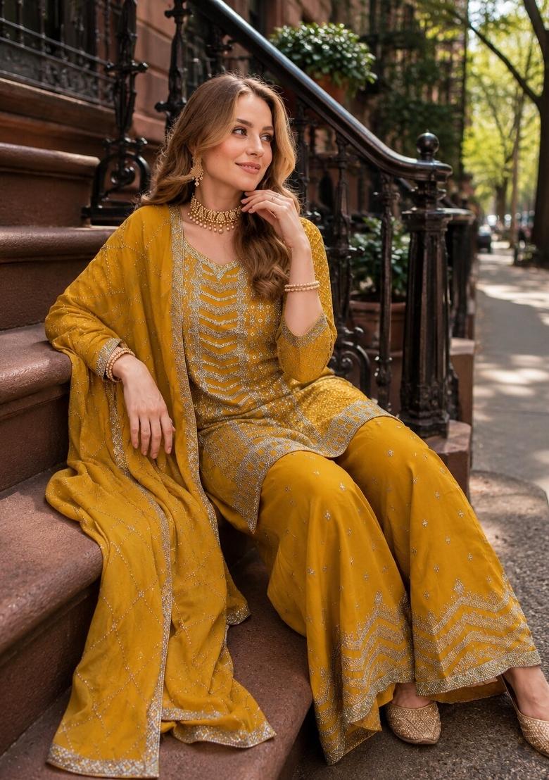 Yellow Embroidered Silk Blend Kurta Set - Indya