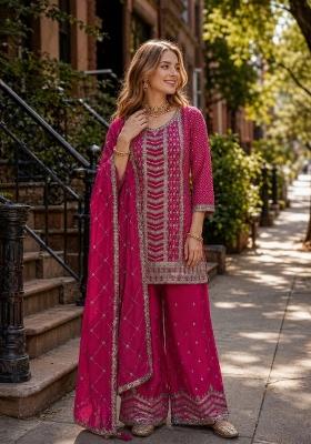 Rani Pink Embroidered Silk Blend Kurta Set