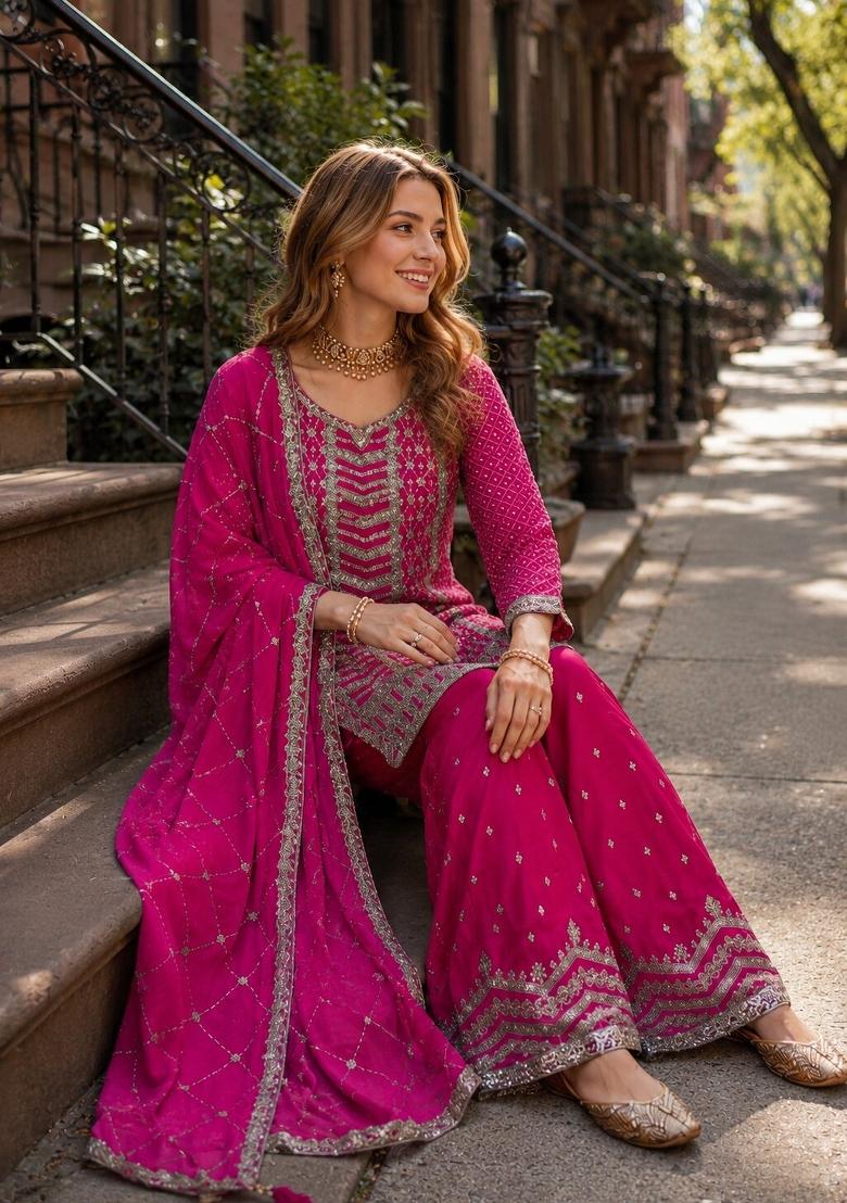 Rani Pink Embroidered Silk Blend Kurta Set - Indya