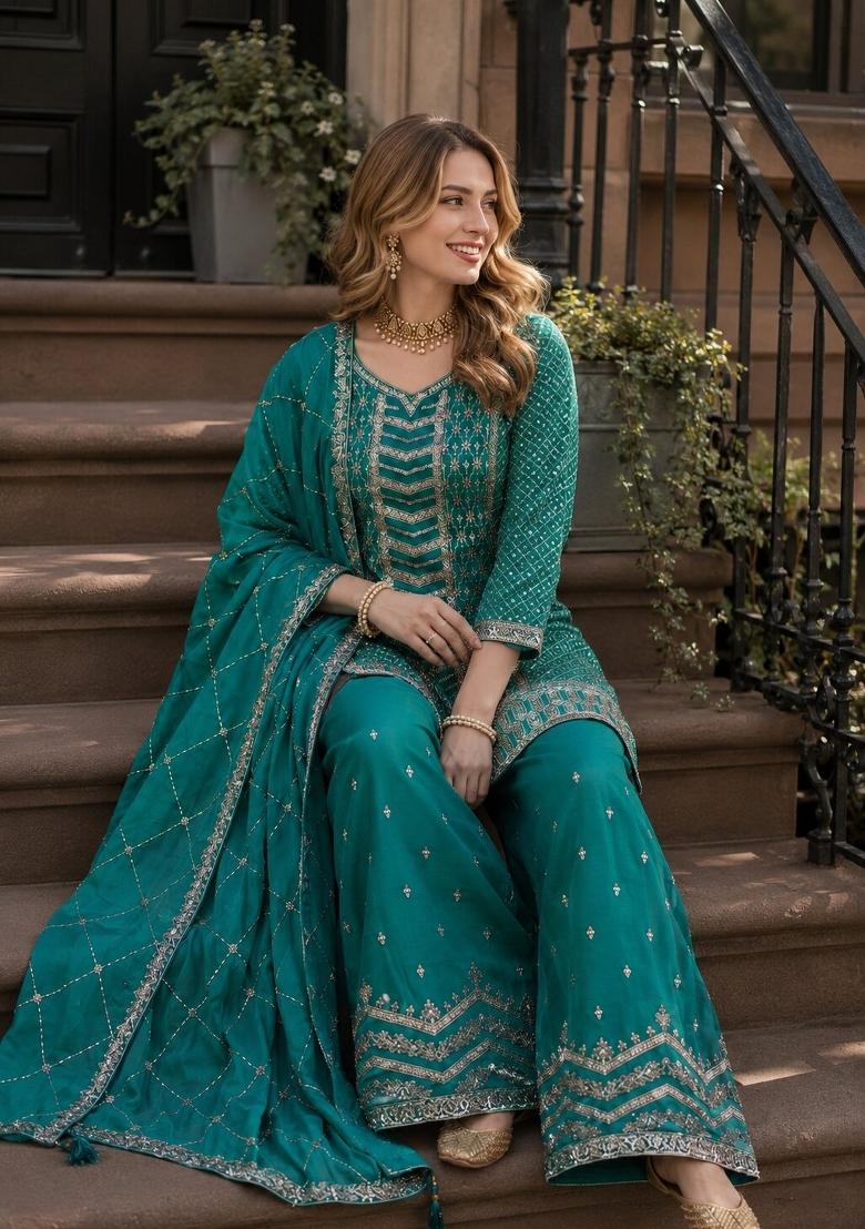 Emerald Embroidered Silk Blend Kurta Set - Indya