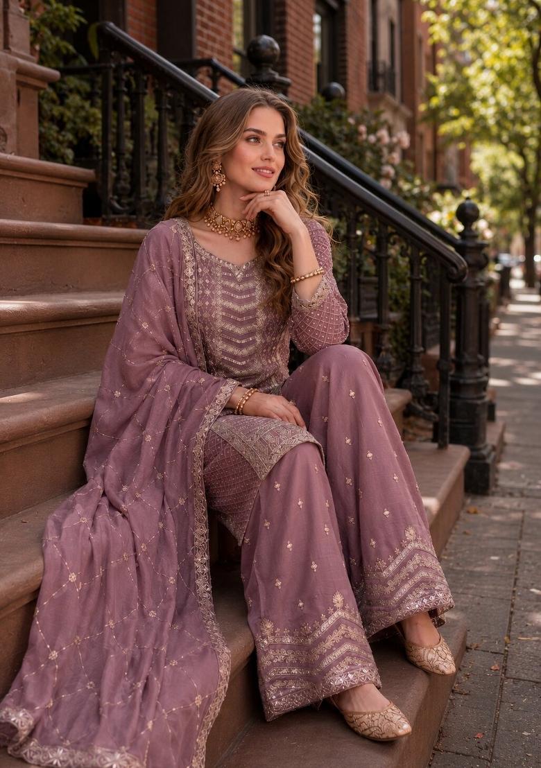 Peach Embroidered Silk Blend Kurta Set - Indya