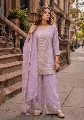 Lavender Embroidered Silk Blend Kurta Set