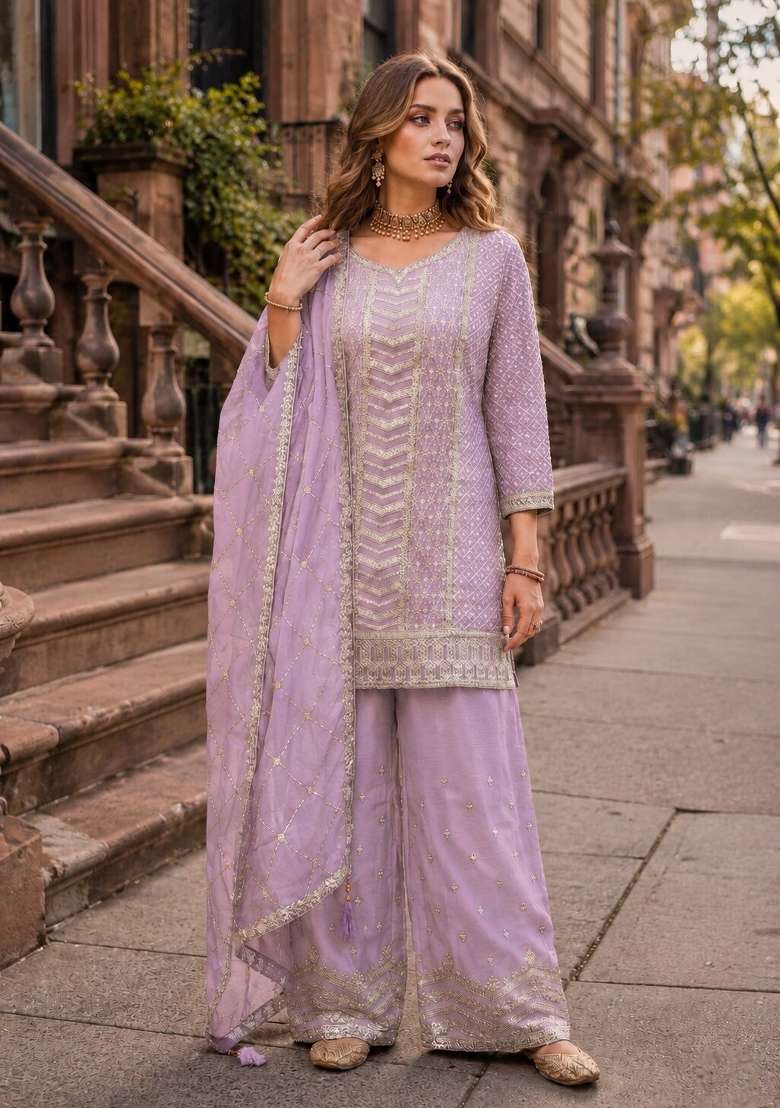 Lavender Embroidered Silk Blend Kurta Set - Indya