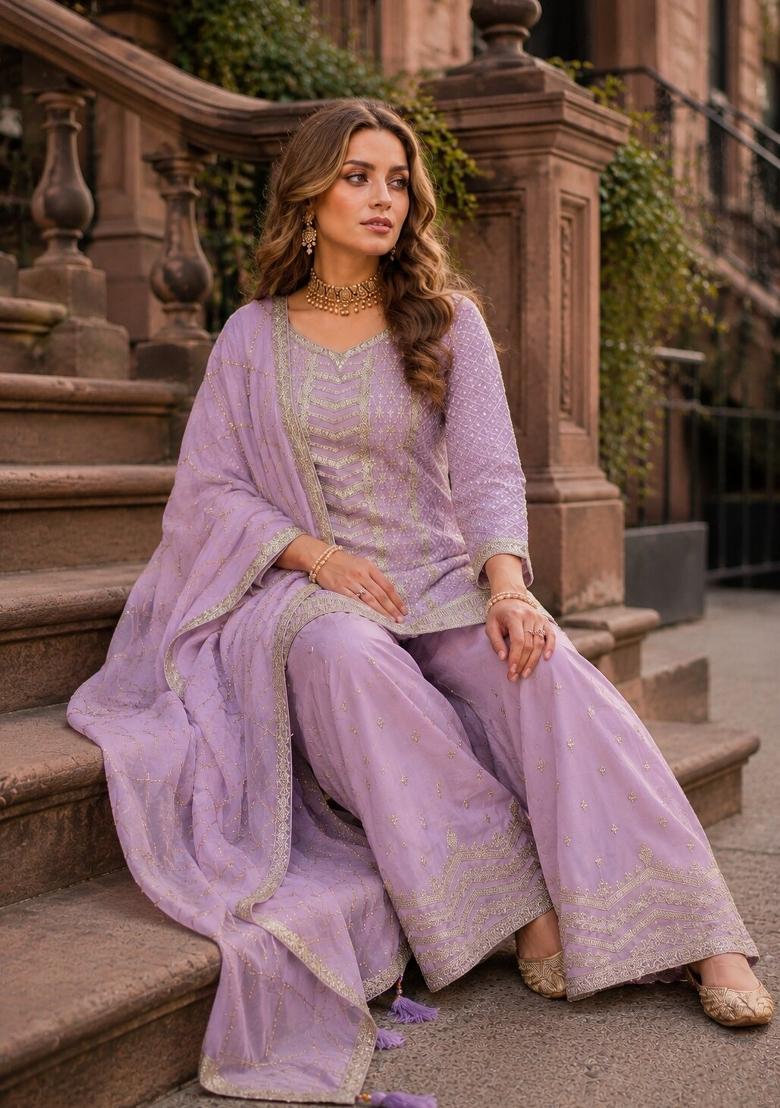 Lavender Embroidered Silk Blend Kurta Set - Indya